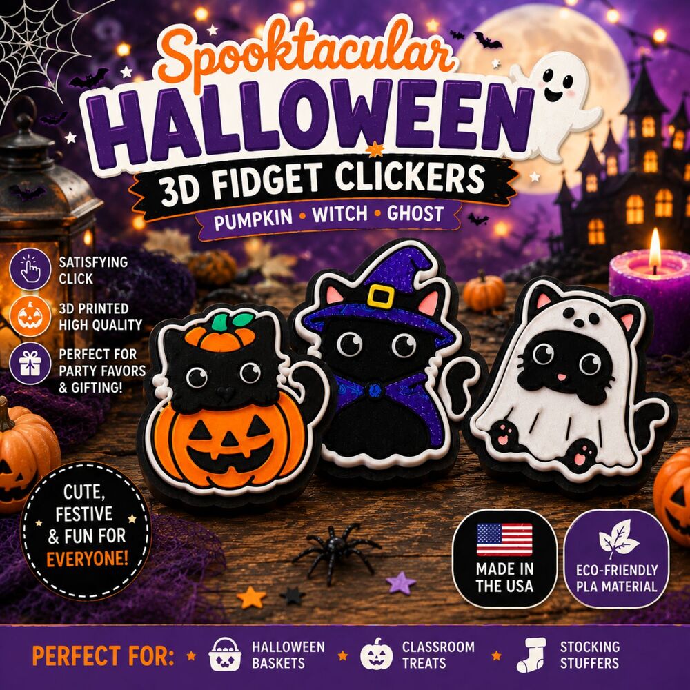 Halloween Cat Fidget Clicker Set of 3 | 3D Printed Pumpkin Witch Ghost Cats